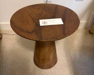 $60 Wood pedestal side table. 13.5” dia x 13.5” h. Available for online and in person purchase. 