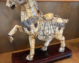 $580 Antique Chinese bone horse sculpture with inlaid stones. Base measures 5.5” x 17.5” horse on stand is approximately 19”h. Available for in person purchase only.