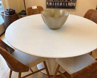 Crate and Barrel pedestal dining table and Astrid dining chairs. All “like new” sold separately in following photos.