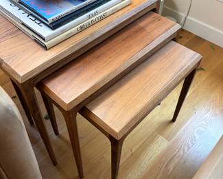 $160 set of three nesting tables. 23.5”w X 14”d X 20”h (largest table) Can also be used separately. Available for online and in person purchase. 