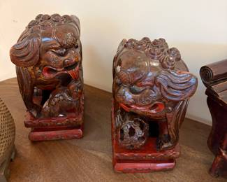 $460 pair of antique carved wood Foo Dogs (as found - small chip on head of right hand dog) Approximately 9”h base is 6” x 4”. (Originally $900) Available for in person purchase only.