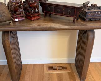 $180 Derryn sculpted wood console table. 48”w X 16”d X 30”h. Available for online and in person purchase.