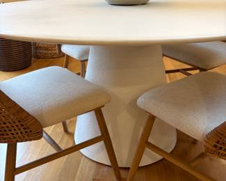 $800 Pedestal plaster dining table. 54” round X 29.5”h. (Sold new for $2,200). Available for online and in person purchase. 
