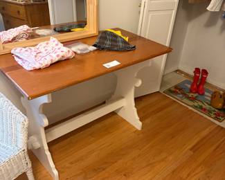 $40 wood trestle table (as found) 24”d x 44”w x 30”h. Available for online and in person purchase.