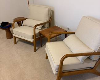 $460 pair of mid-century upholstered arm chairs. 25.5”w x 30”d x 30”h. Available for online and in person purchase