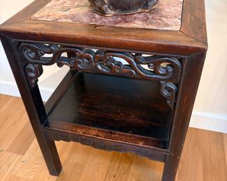 $390 Antique carved rosewood and marble top table. 12” X 16.5” X 22”h. Available for online and in person purchase.