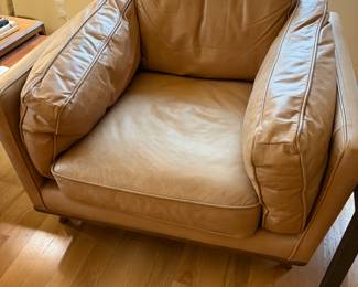 $340 one of a pair of Carmel color leather chairs. Very comfortable! 40.5”w X 34”d X 32”h. Available for online and in person purchase. 