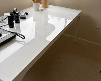 $640 CB2 Aqua Virgo Dining table, shown here as a desk. “Like New” condition. Currently still available at CB2 $899. 72” x 36”w x 29”h. Available for online person and in person purchase .