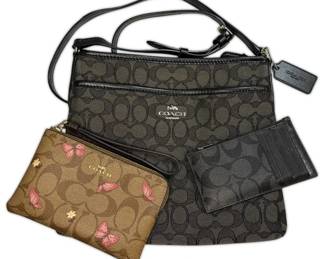 COACH Signature Crossbody Bag, Brown Pink Butterfly Wristlet, Zip Card Case w COA