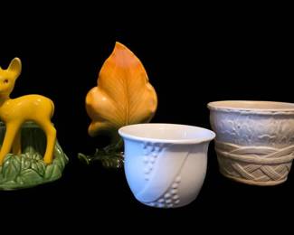 Shawnee Pottery Deer Planter, Hull Pottery Orange Leaf Vase, Karamik Germany Planter More