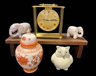 GIL Geneve Brass Mantel Clock, Stone Elephant Figurines, More Mixed Decor