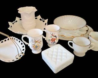 Kemple Milk Glass Vase, Staffordshire Bone China Cups, Milk Glass Deviled Egg Plate More