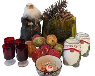 Green Glass Bowl With Pinecones, Restoration Hardware Gnome Mugs, Tree Topper More