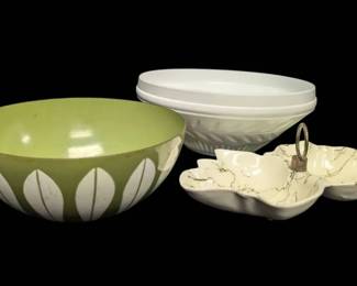 MCM Cathrineholm Olive Green Enamel Lotus Bowl, Ceramic Spaghetti String Divided Dish, More