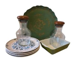 Pyrex 1 1 2 Qt Green Cassarole, 4 Noritake Blue Moon Plates, Glass Decanters With Teak Lids More