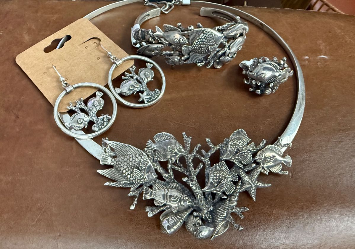 Sterling silver Kabana Fish & Coral Necklace, Cuff Bracelet, Earrings & Ring