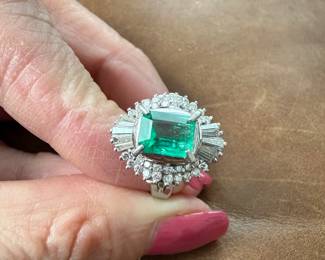 Platinum, diamond and emerald ring