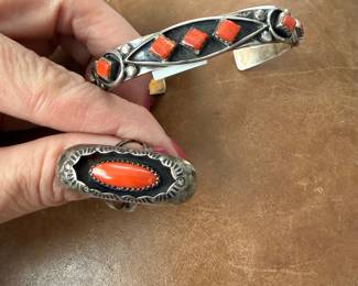 Native American Coral Sterling Ring & Cuff
