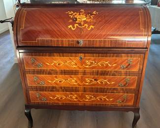 Vintage Danish Holger Christensen rosewood and satinwood Louis XV cylinder roll-top secretary desk with floral inlay