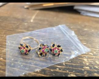 14k gold ring earring set with emeralds, sapphire, and ruby