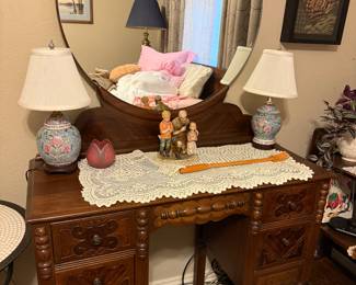 Antique Carved Vanity with Large Round Mirror