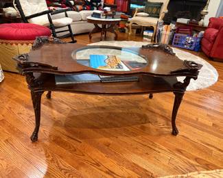 Antique Carved Coffee Table with Glass Inset
