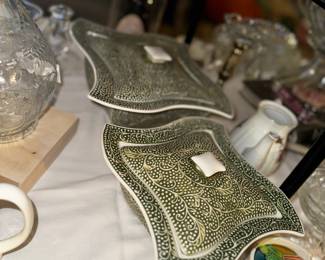 Temptations by Tara Old World green and white covered baking dish.