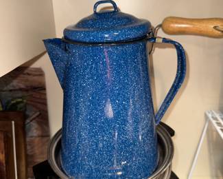 Blue speckle enamel cowboy coffee pot