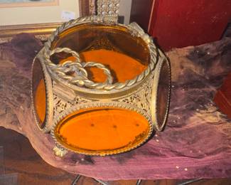 Vintage Ormolu 6 sided casket jewelry box with tufted velvet interior