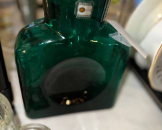 Vintage emerald green Blenko double spot water bottle