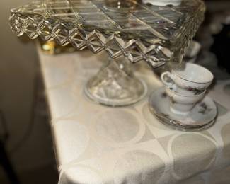 Fostoria American Square cake stand with rum well