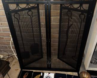 Tri fold fireplace screen with double doors and tools