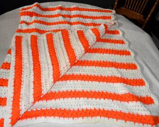 Vtg Orange White Crocheted Afghan