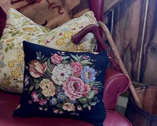 Red leather vintage wingback 
Down pillows