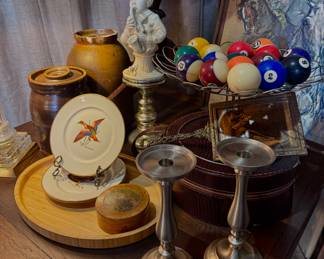 Crocks, pewter candlesticks