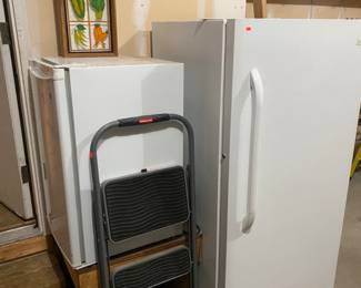 freezer, small fridge, step stool