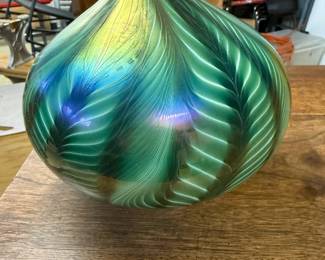 Pair of Iridescent pulled feather art glass lamp shade. Price $75each
