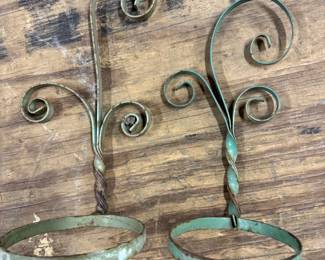 Vintage style wrought iron wall-mounted plant pot holder with scroll design. Price $60/both
