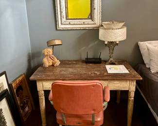 $125 Vintage distressed wood desk, $40 vintage arm chair 