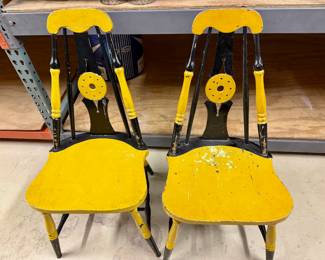 $120 - vintage American painted spindle-back chairs with plank seats