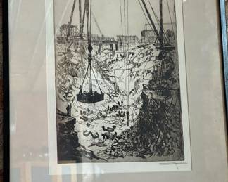 Framed art - Painting of boat scene. Likely an etching by Otto Kuhler titled "Bedrock". Price $325