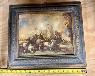 $175 - Framed Italian oil painting of horses and battle scene. 