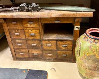 $1,100 - Antique work bench or general store cabinet. Heavy. 