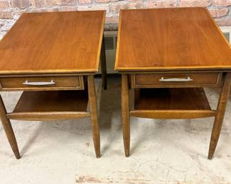 $675 - pair 1950s vintage mid-century modern end tables with a single drawer and an open lower shelf