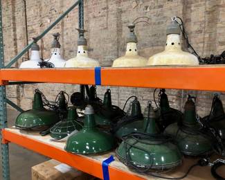 Light Fixture - 10+ Green Industrial hanging light fixtures all wired with cages.  6+ White industrial light fixtures.