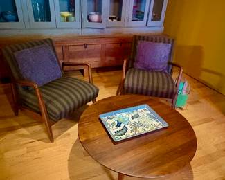 $650 - Pair of Jens Risom MCM upholstered chairs; coffee table to match $200