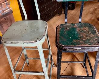 Vintage industrial steel stool with backrest and distressed white painted finish. Price $40/each 