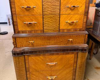 $600  Burled walnut highboy Art Deco 