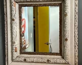 $60 - Square antique painted mirror made of richly carved oak wood and painted white frame. 