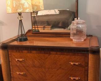 $600 - Burled art deco walnut dresser and etched mirror 